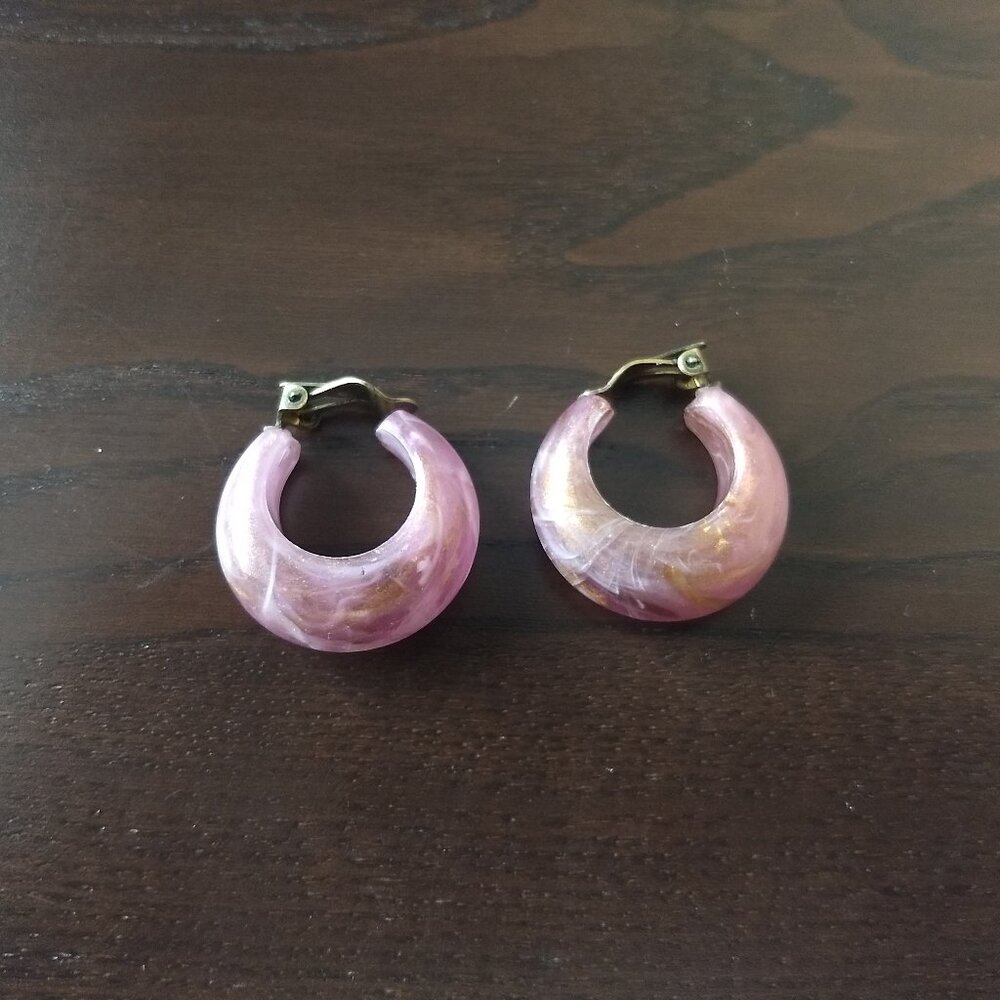 Vintage Purple Gold Swirl Plastic Clip On Hoop Earrings Germany Party Glam